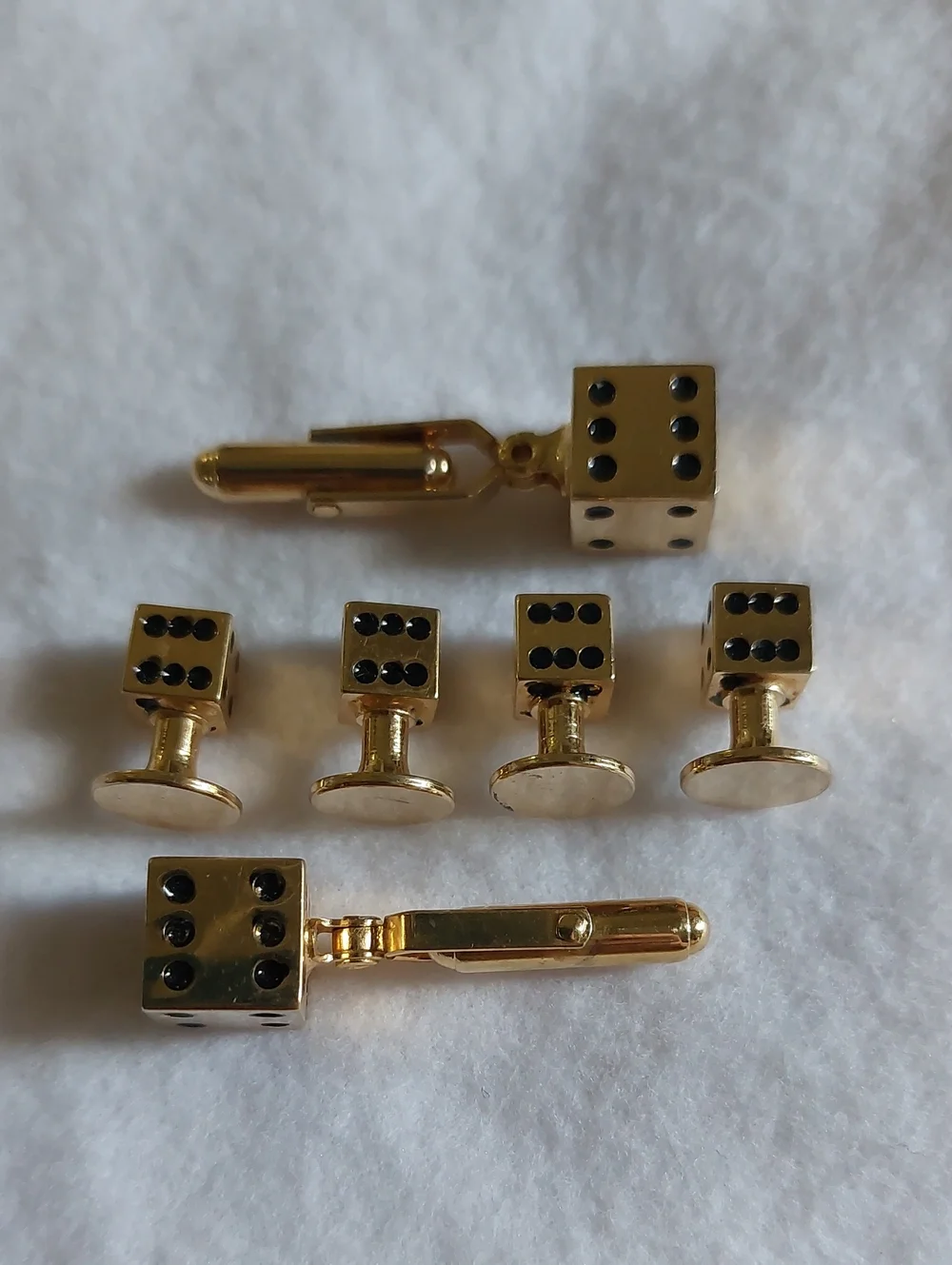 Vintage Men's Gold-Tone Novelty Dice Cufflinks & Shirt Studs Set, Estate Jewelry